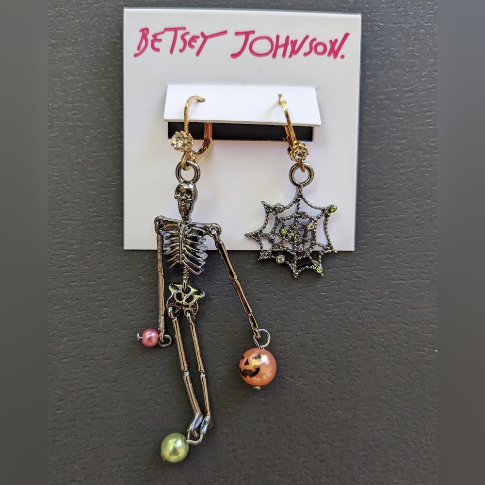 Betsey Johnson Mismatched Earrings Spider Web, Skeleton, Jack O’Lantern